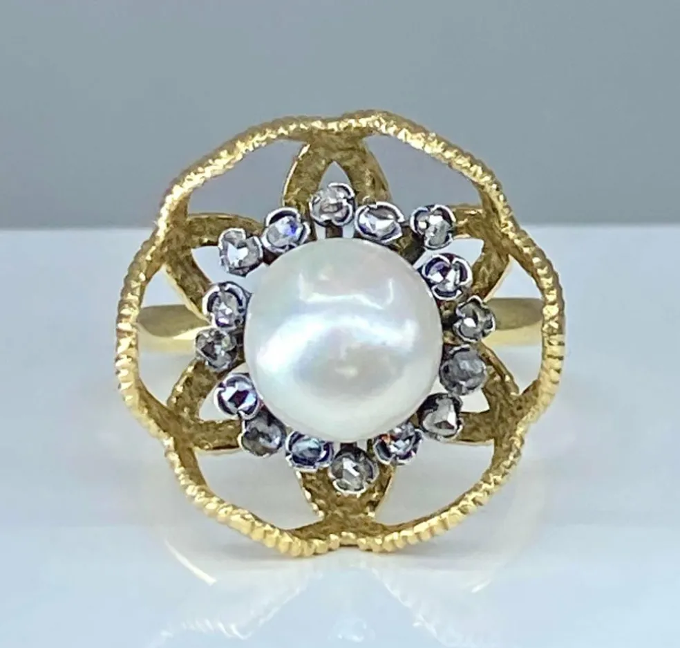 Bague or et argent perle fine et diamants