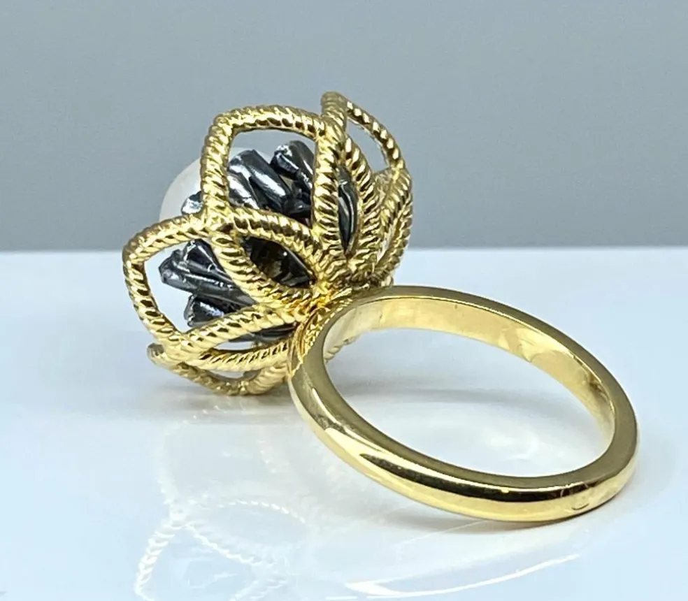 Bague or et argent perle fine et diamants