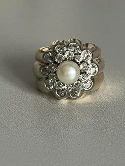 Bague Or Godronné Perle Diamants