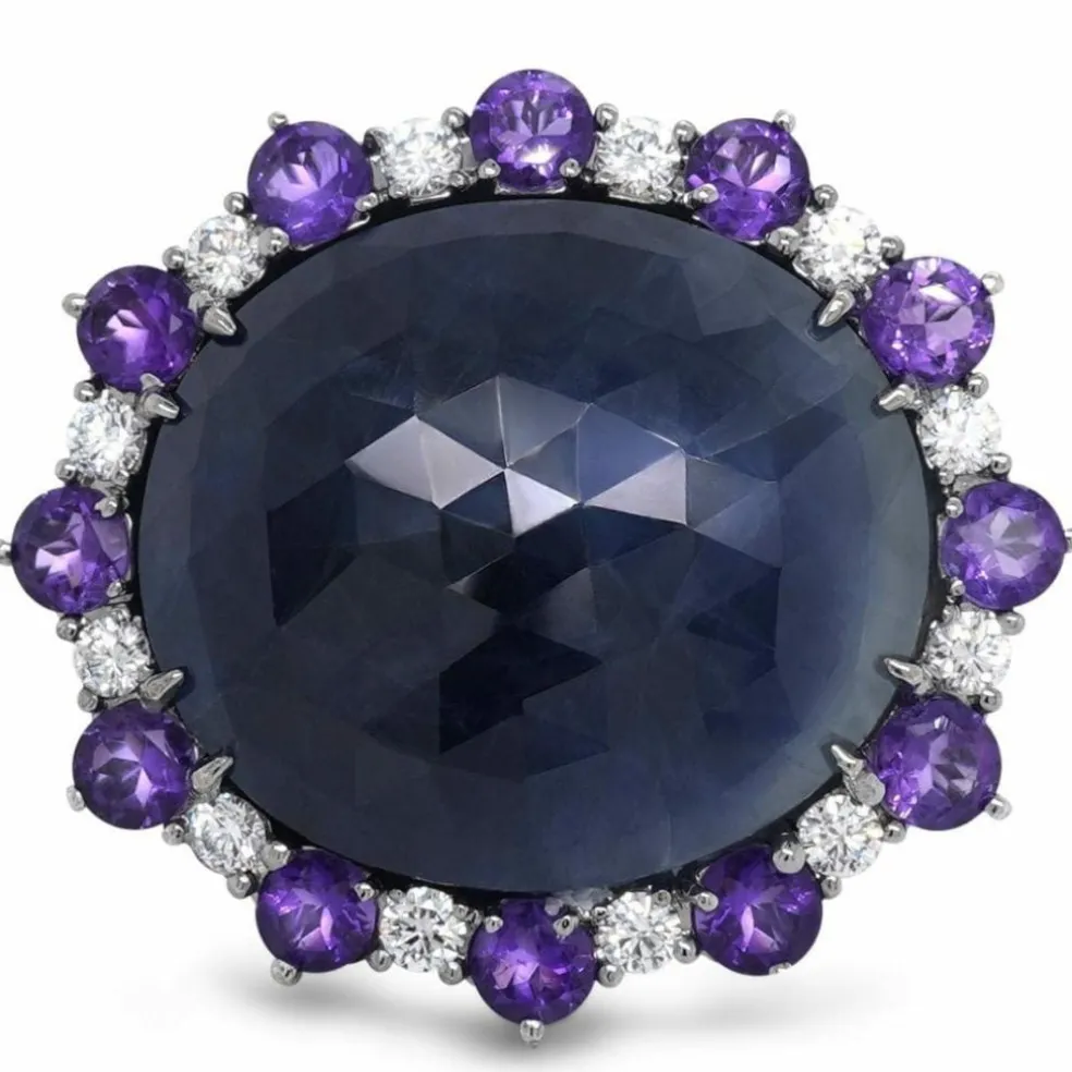 Bague or gris diamants améthystes et saphir