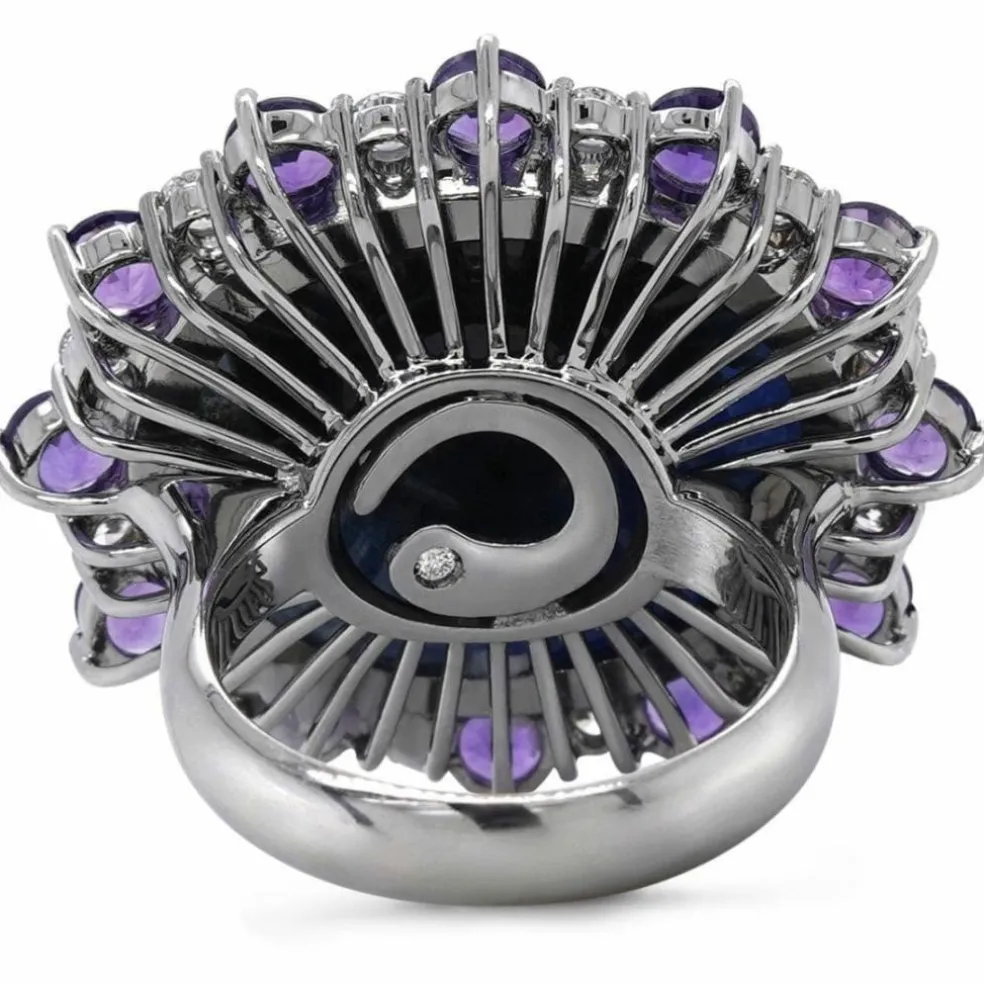 Bague or gris diamants améthystes et saphir