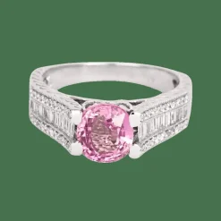 Bague or gris, saphir rose et diamant