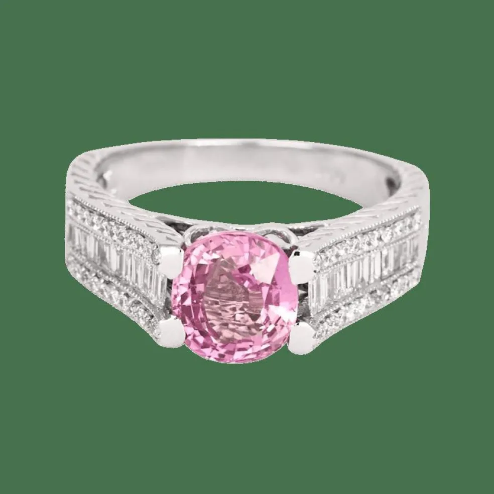 Bague or gris, saphir rose et diamant