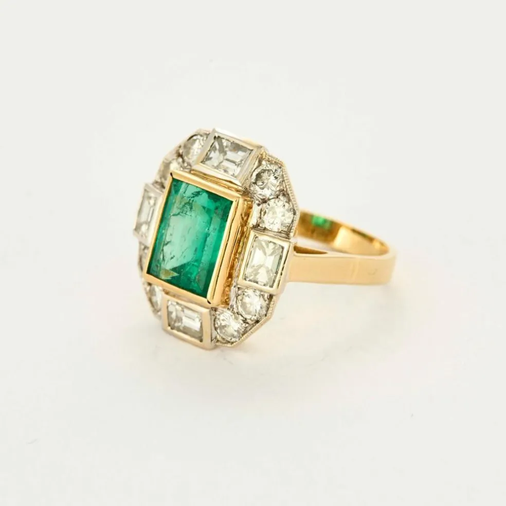 Bague or jaune Émeraude de Colombie et diamants