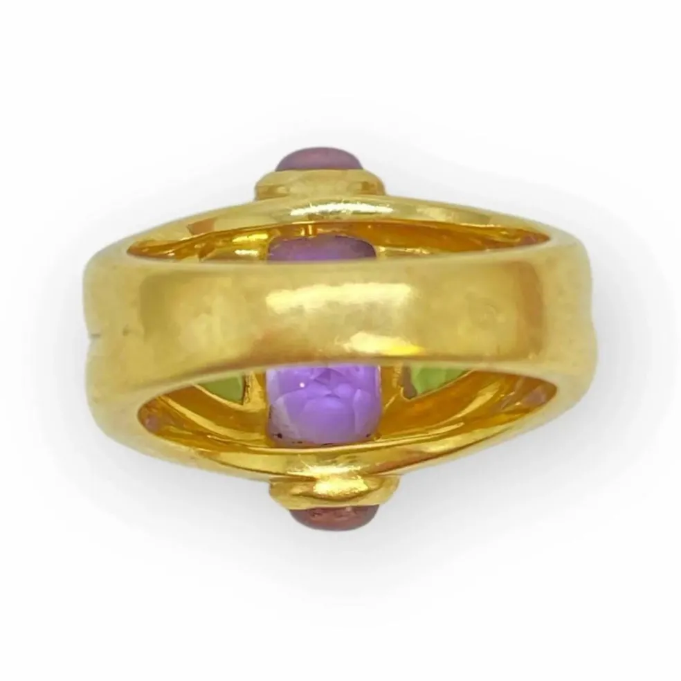 Bague or jaune, améthystes, péridots