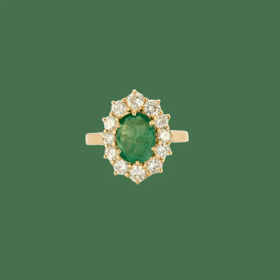 Bague or jaune avec émeraude centrale entourage diamants