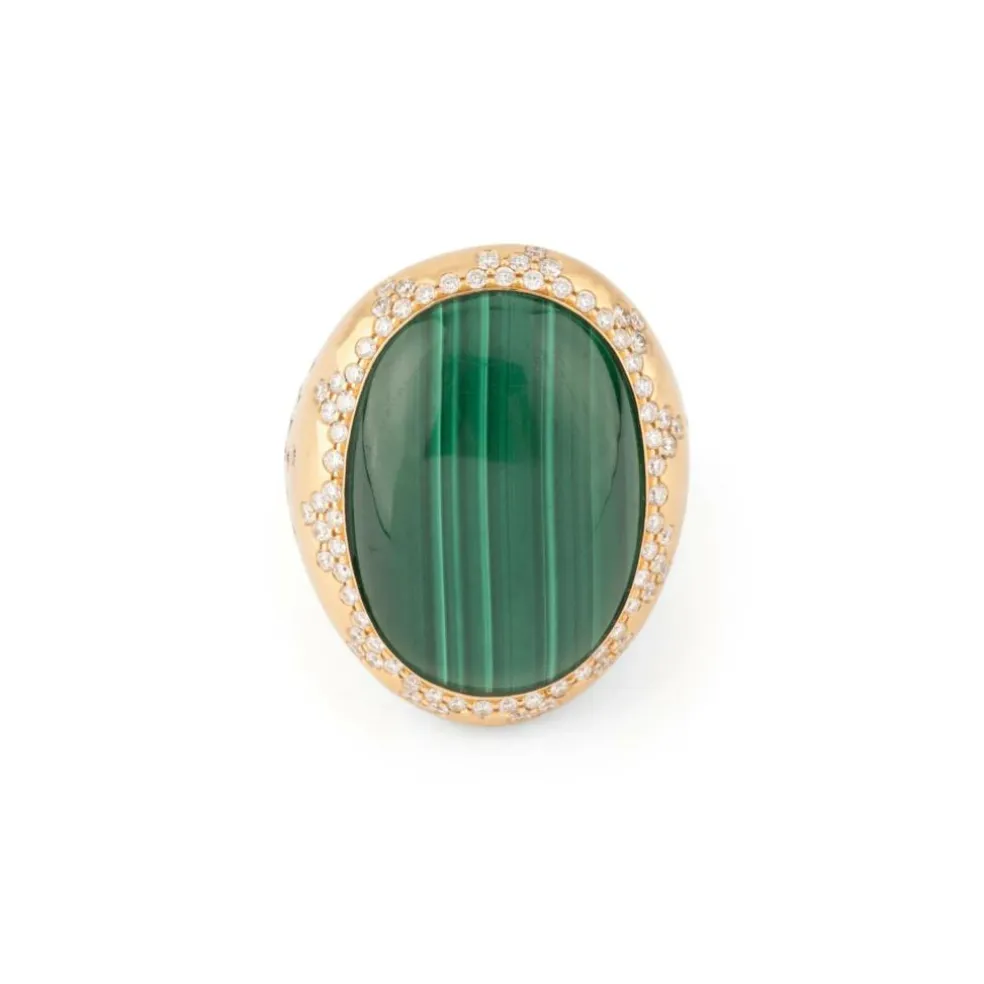 Bague or jaune brossée ornée d'une malachite