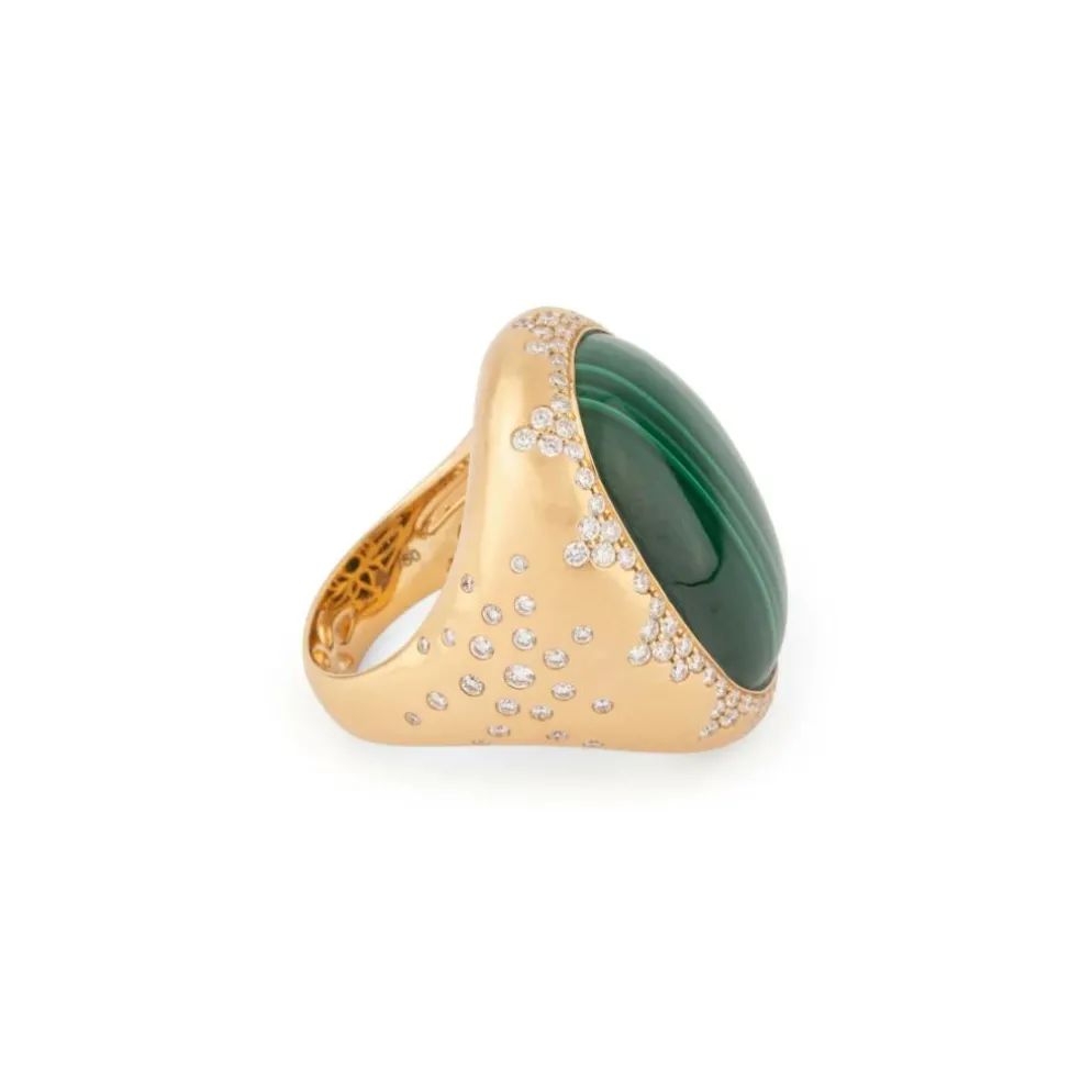 Bague or jaune brossée ornée d'une malachite