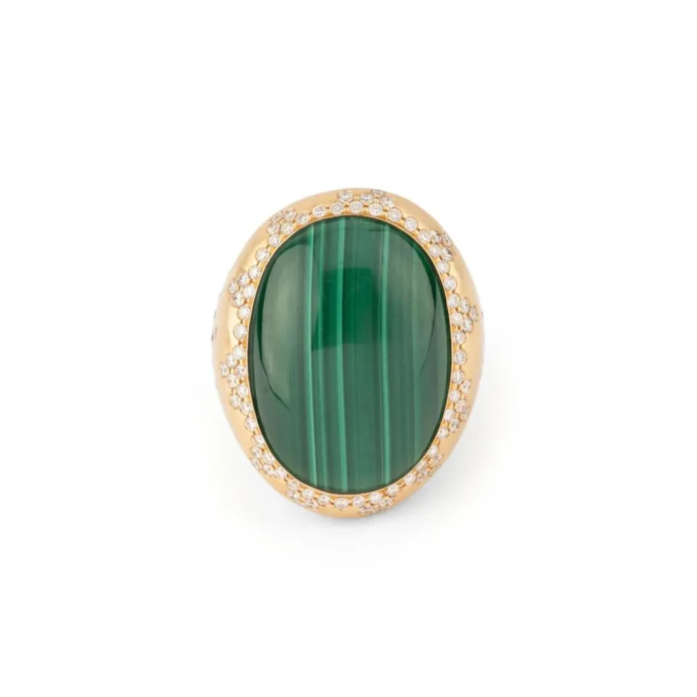 Bague or jaune brossée ornée d'une malachite
