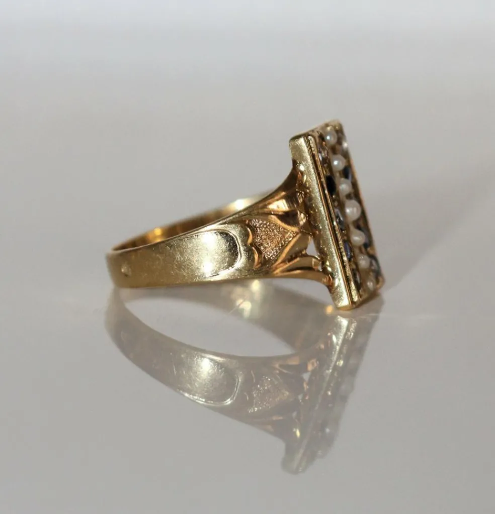Bague Or Jaune Chaton Rectangulaire Perles Et Pierres