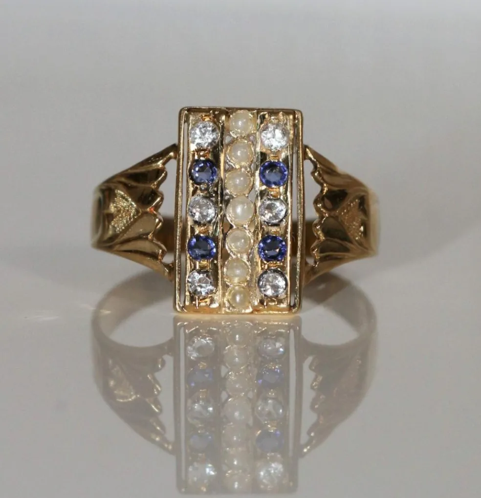 Bague Or Jaune Chaton Rectangulaire Perles Et Pierres