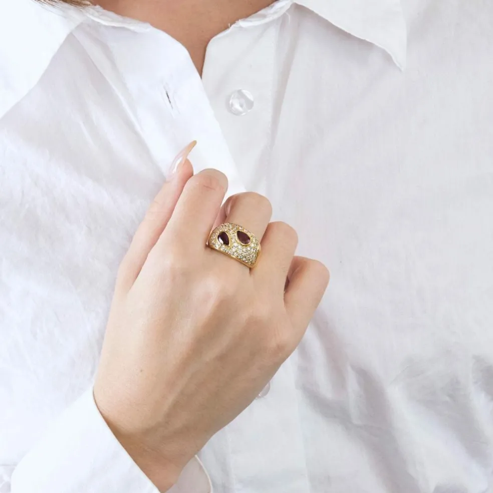 Bague or jaune deux rubis poire etdiamants