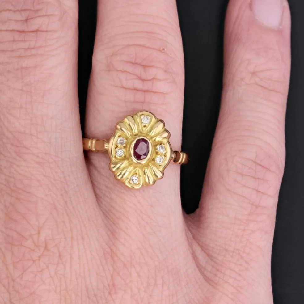 Bague or jaune d'occasion rubis diamants