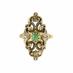 Bague or jaune doublé d'argent, diamants et émeraude