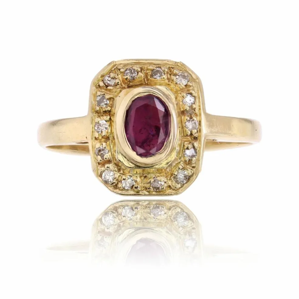 Bague or jaune géométrique diamants rubis