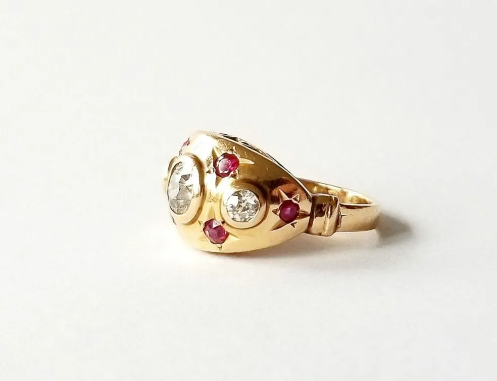 Bague or jaune 18K - Diamants et rubis