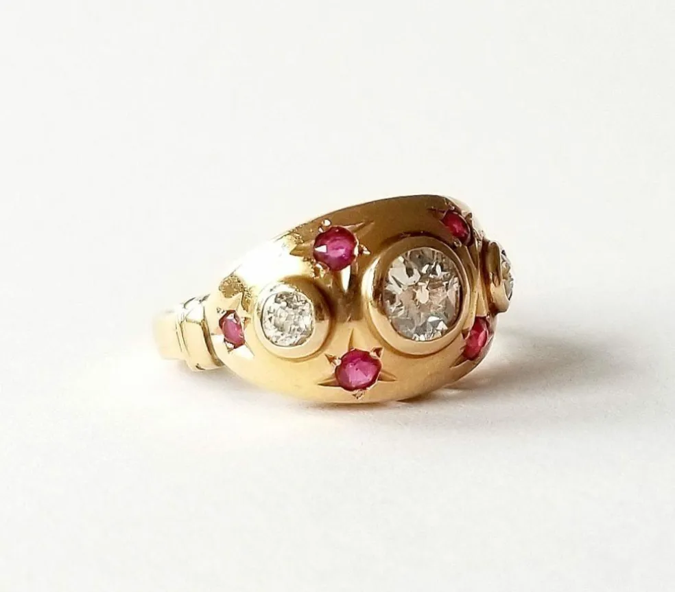 Bague or jaune 18K - Diamants et rubis