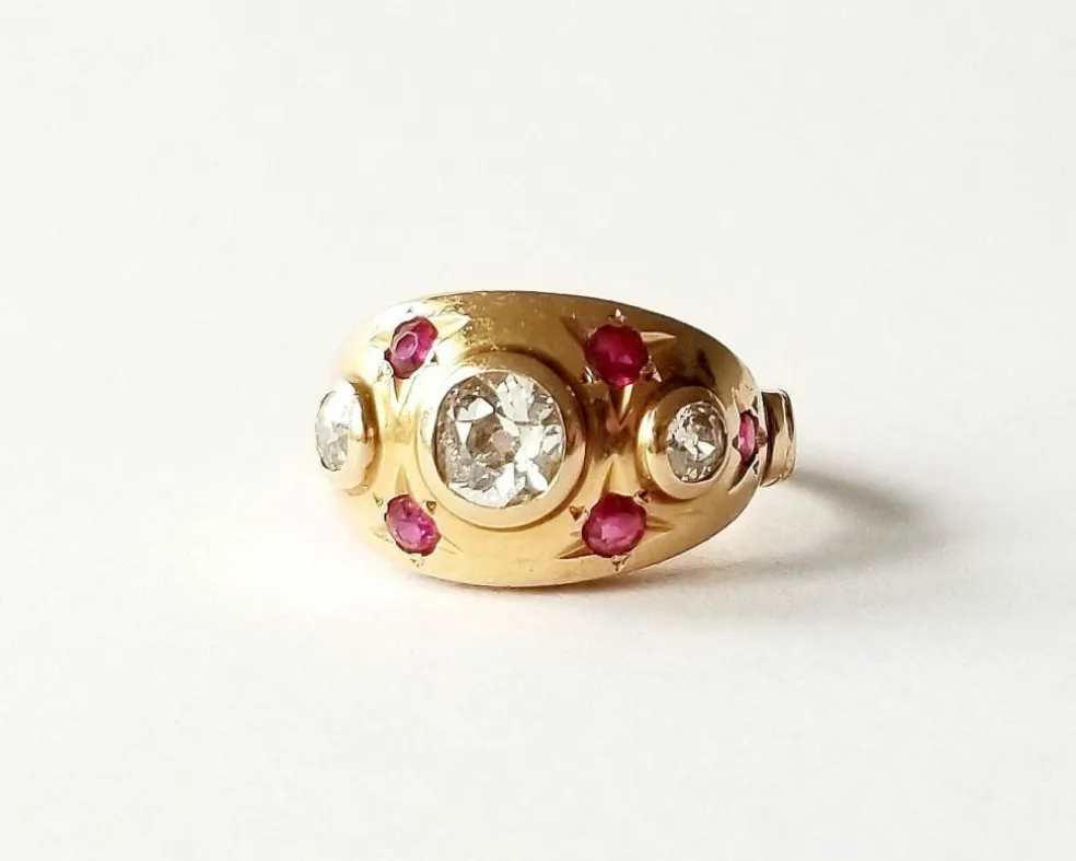 Bague or jaune 18K - Diamants et rubis
