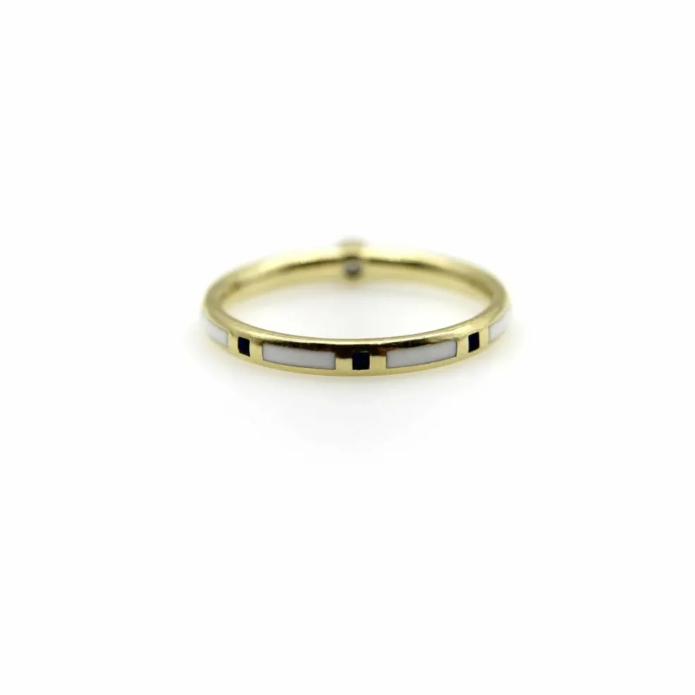 Bague or jaune émaillée noire et blanche avec accent de diamant