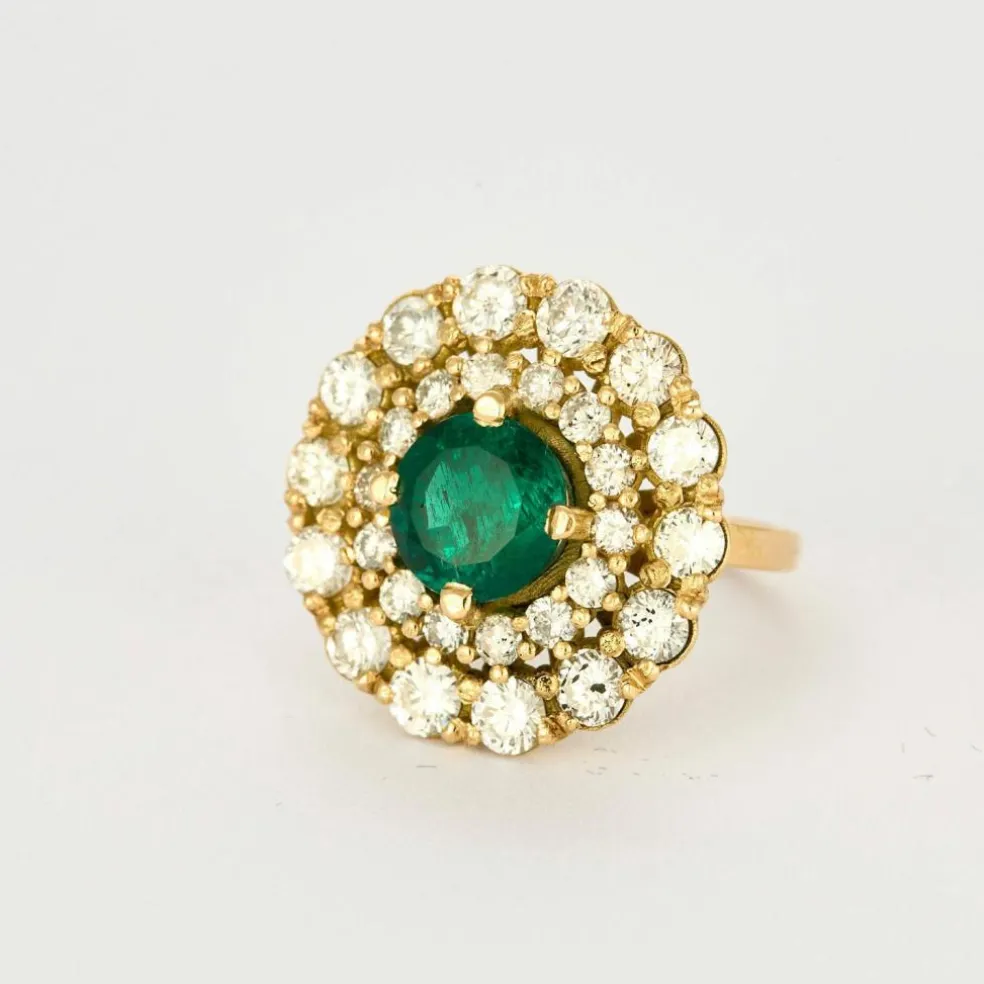 Bague or jaune émeraude 3cts et diamants 4cts