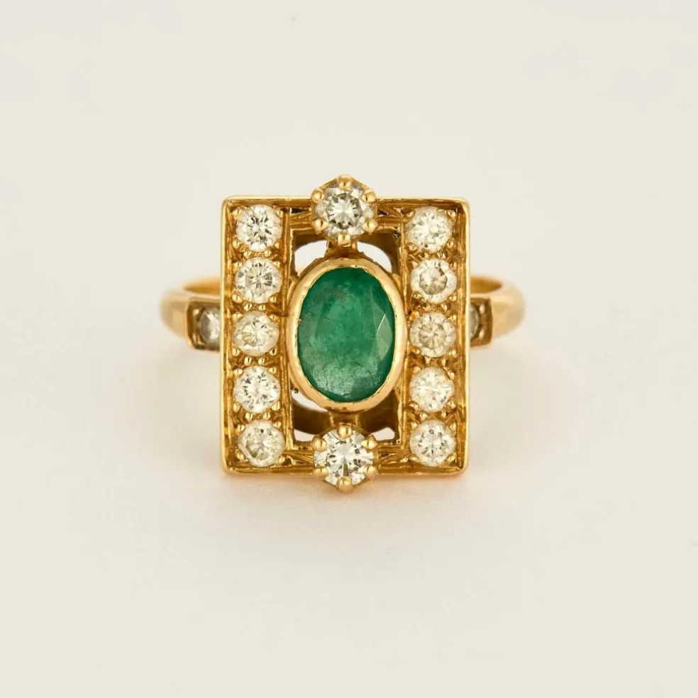 Bague or jaune, émeraude et diamants