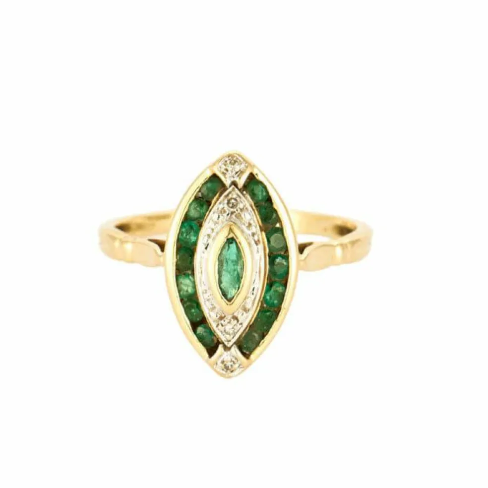 Bague or jaune, émeraude et diamants