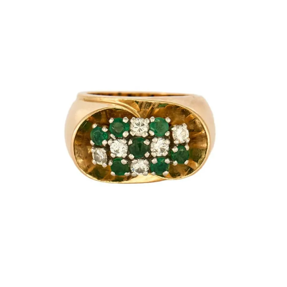 Bague or jaune, émeraude et diamants