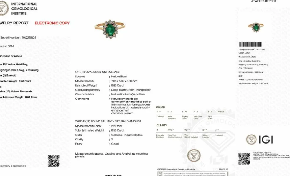 Bague or jaune émeraudes et diamants certificat IGI