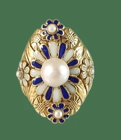 Bague or jaune motif émaillé avec perle au centre