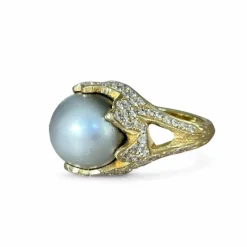 Bague or jaune perle de Tahiti diamants