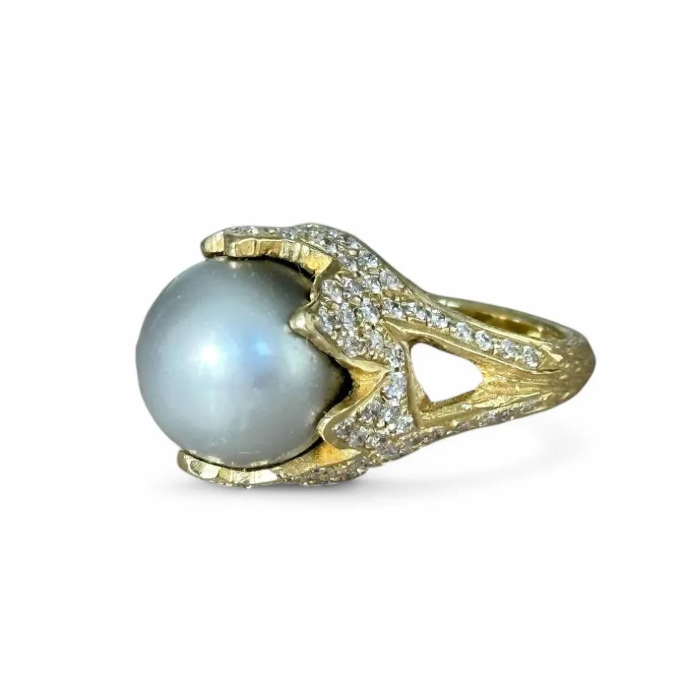 Bague or jaune perle de Tahiti diamants