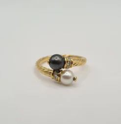 Bague or jaune perles de culture et diamants