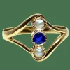 Bague or jaune, perles et pierre bleue