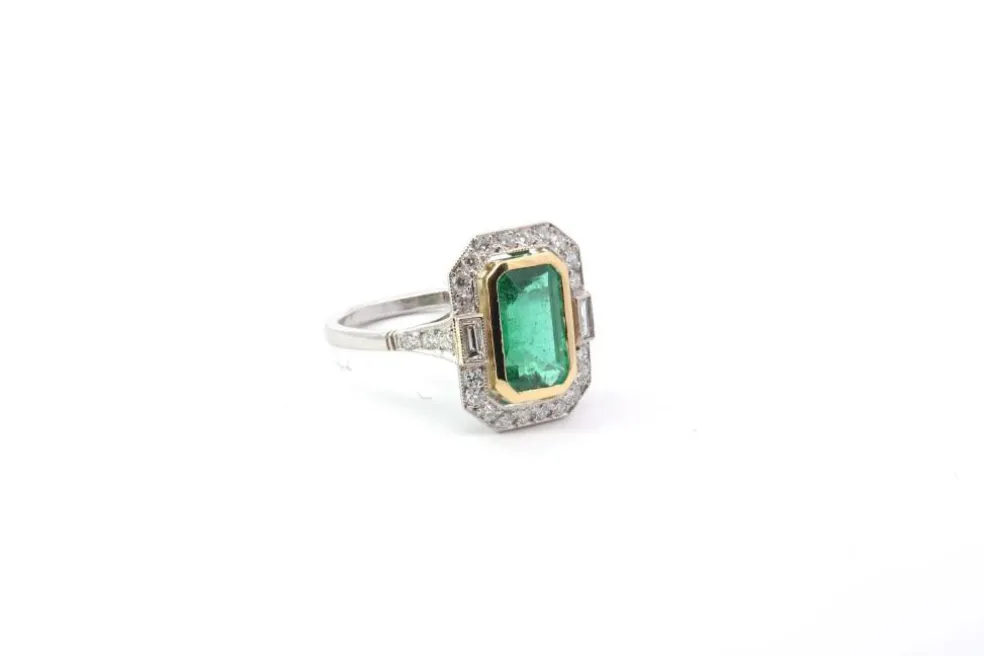 Bague Or jaune Platine Emeraude Diamant