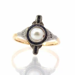 Bague Or jaune Platine Perle Diamants Saphirs