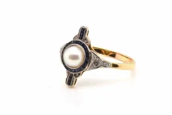 Bague Or jaune Platine Perle Diamants Saphirs