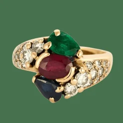 Bague or jaune, rubis, saphir, émeraude et diamants