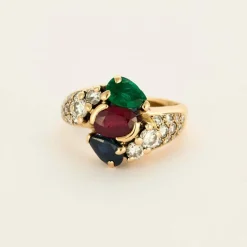 Bague or jaune, rubis, saphir, émeraude et diamants