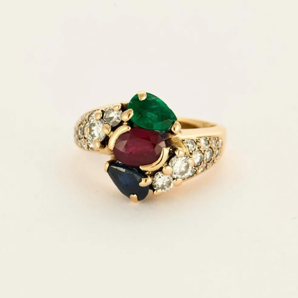Bague or jaune, rubis, saphir, émeraude et diamants