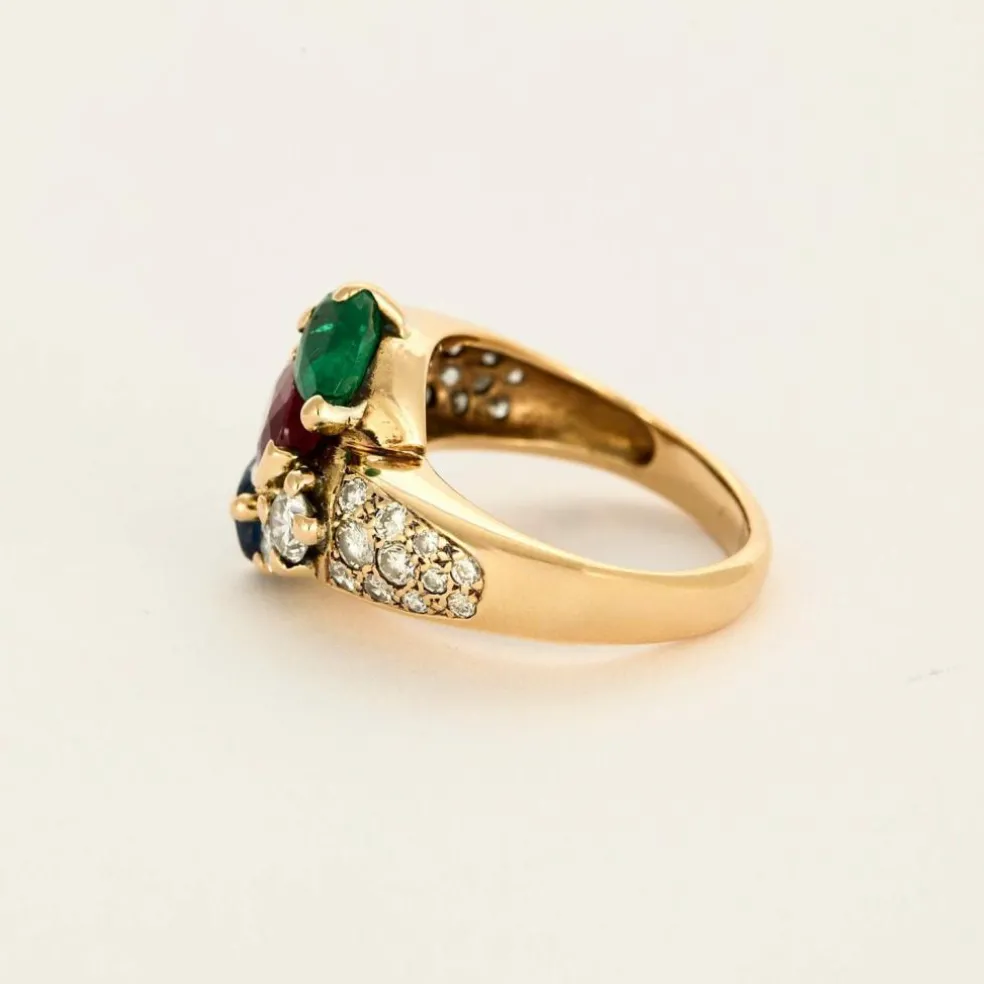 Bague or jaune, rubis, saphir, émeraude et diamants