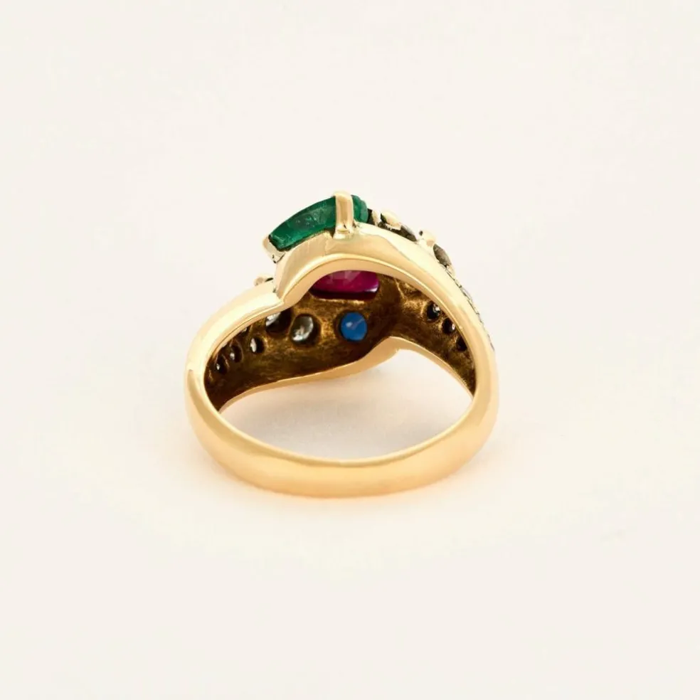 Bague or jaune, rubis, saphir, émeraude et diamants