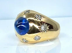 Bague or jaune saphir 5,10 carats Ceylan non chauffé et diamants
