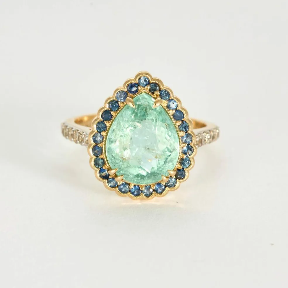 Bague or jaune, tourmaline, saphirs, diamants