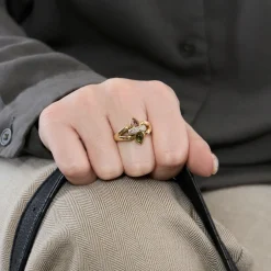 Bague or jaune, tourmaline rose et verte et diamants