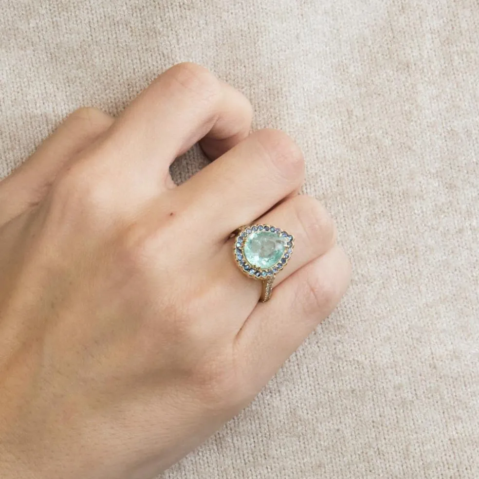 Bague or jaune, tourmaline, saphirs, diamants
