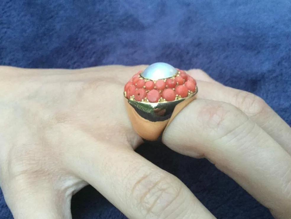 Bague Or, perle & corail