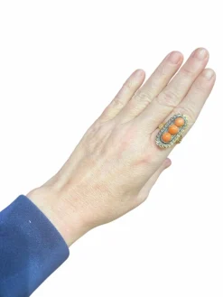 Bague Or, Perles Corail, Diamants Taille Ancienne, Email Noir