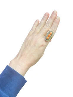 Bague Or, Perles Corail, Diamants Taille Ancienne, Email Noir