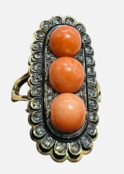 Bague Or, Perles Corail, Diamants Taille Ancienne, Email Noir
