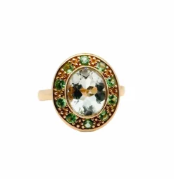 Bague or rose, améthyste verte, tsavorite